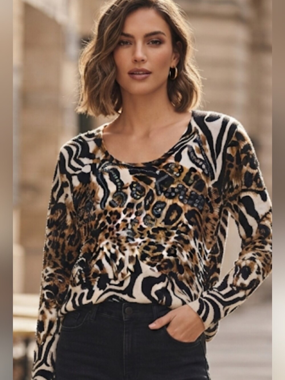 Pierri New York Animal Print Sequin Beaded Sweater XL Mixed Print Y2K Vintage